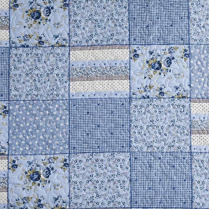 ENJOHOS Extra Wide Alaska King Quilts 132x120, 3 Pcs Blue Plaid Floral Oversized King Quilt, Extra Wide Bedspread Coverlet Set for All Seasons, Patchwork Reversible Bedding Set