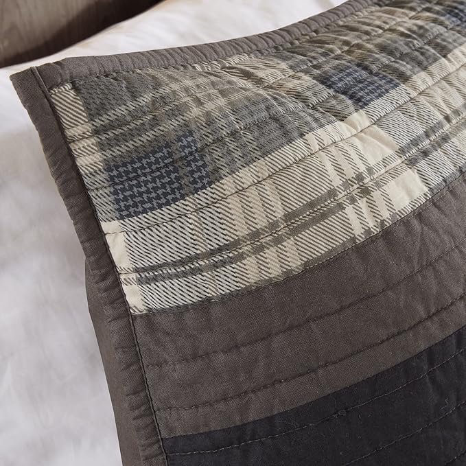 Woolrich Winter Plains Reversible Quilt Set - Cottage Styling Reversed to Solid Color, All Season Lightweight Coverlet, Cozy Bedding Layer, Matching Shams, Oversized Full/Queen, Stripes Taupe 3 Piece