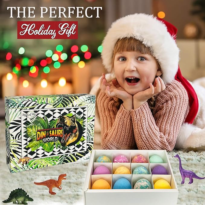 Bath Bombs for Kids with Surprise Inside - 12 Dinosaur Bath Bombs with Toys, Organic Colorful Bubble Bath Fizzies, Dino Egg Bath Bomb w/Rich Bubbles, Stocking Stuffers Christmas Gifts for Kids, Boys