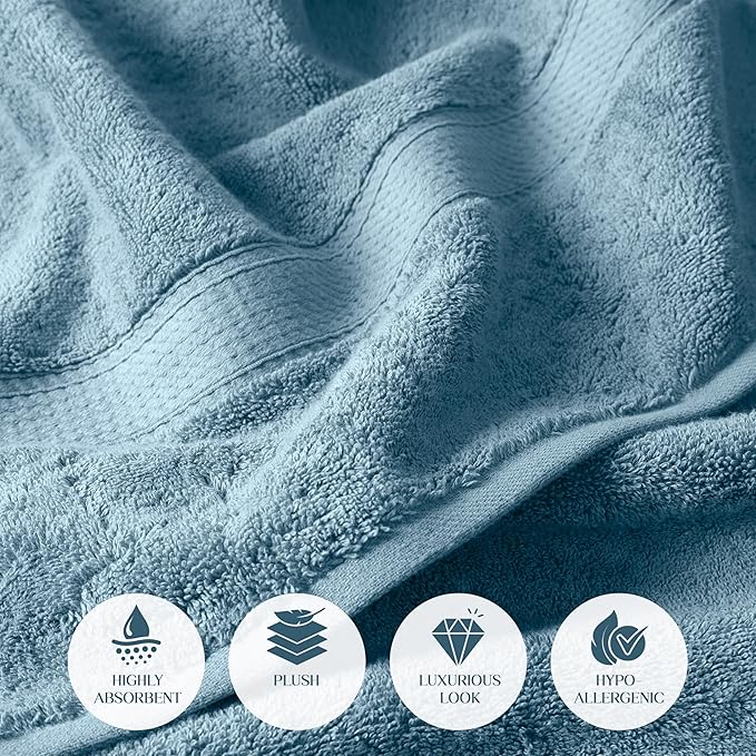 Superior Egyptian Cotton Pile Bath Towel Set of 2, Ultra Soft Luxury Towels, Thick Plush Essentials, Absorbent Heavyweight, Guest Bath, Hotel, Spa, Home Bathroom, Shower Basics, Denim Blue