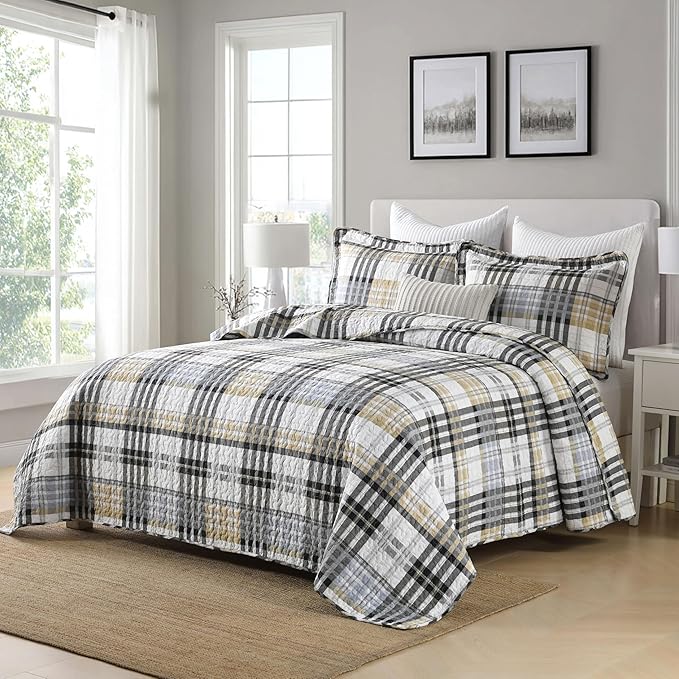 Quilts Queen Size, Cotton Queen Size Comforter Set, Brown Black Grey White Striped Bedding Sets, Plaid Queen Bedspread,Striped Bed Set Lightweight Reversible All Season 3 Piece