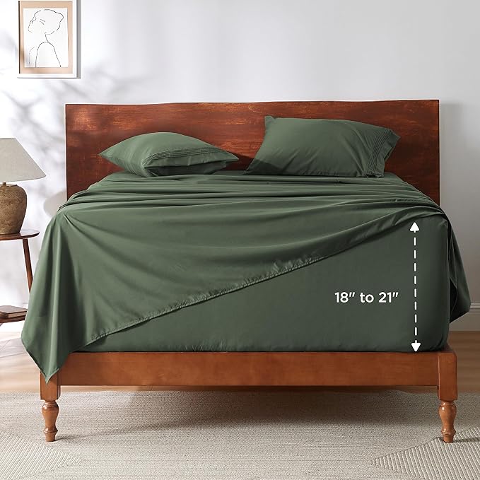 Bedsure Deep Pocket Queen Sheets Set - Fits Mattresses Up to 21 Inches Thick - 4 Piece GentleSoft Bed Sheets, Moisture Wicking, Soft & Cooling Bedsheet & Pillowcases, Easy & Secure Fit, Olive Green