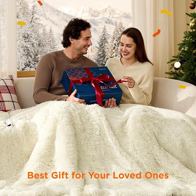 Bedsure Faux Fur Heated Blanket Twin Size, Fast Heating Fluffy Electric Blanket, Heating Blanket Twin Size with 10 Time Settings & 6 Heat Settings, Cozy Gifts for Women Men (62x84 inches, Cream)