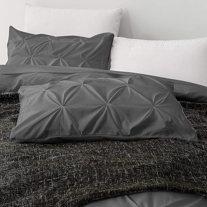 Pinch Pleated Duvet Cover Set 100% Cotton 3PC Twin Size 68x90 Duvet Cover Set, Decorative Pinch Design Dark Grey Duvet Cover with Matching Pillow Case