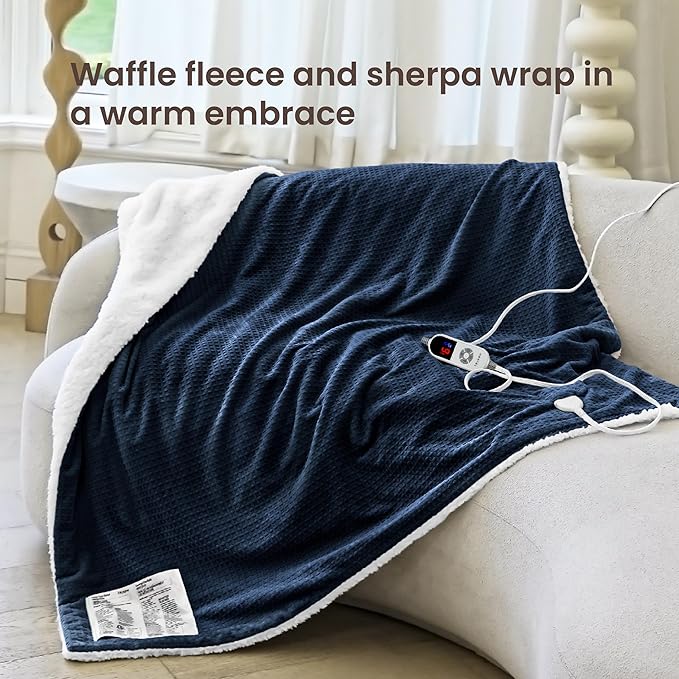 Heated Blanket Electric Blanket Twin Waffle, 62x84 Inches Sherpa Fleece Fast Heating Blanket 6 Heating Levels & 10 Hours Auto Off ETL Certification, Navy Twin
