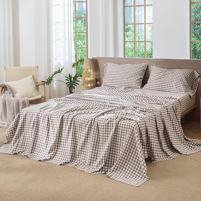 MooMee Gingham Sheet Set 100% Washed Cotton Linen Like Textured Breathable Soft w/Fully Elasticized 16-19" Deep Pocket (Classic Gingham Brown, Queen)