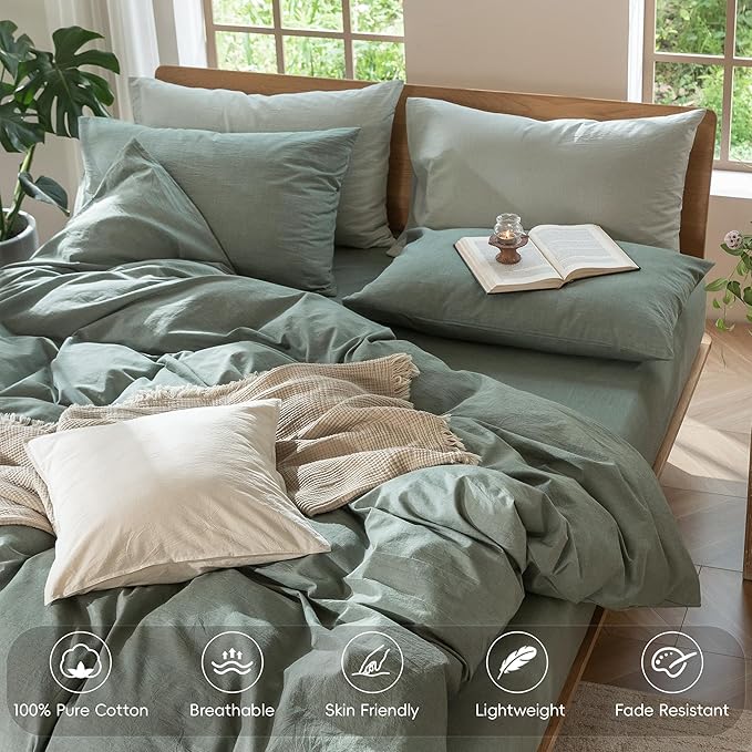 MooMee Bedding Duvet Cover Set 100% Washed Cotton Linen Like Textured Breathable Durable Soft Comfy (Heathered Green, Full 80"x90")
