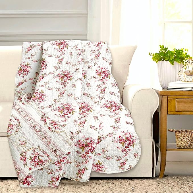 ozy Line Home Fashions Floral Reversible 100% Cotton Bedding Quilted Throw Blanket, Reversible & Lightweight, 60" x 50" Inch (Throw, Vintage Rose)