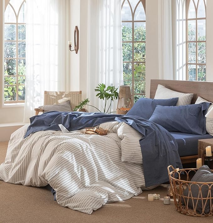 MooMee Bedding Sheet Set 100% Washed Cotton Linen Like Textured Breathable Durable Soft Comfy (Heathered Blue, California King)