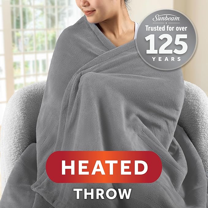 Sunbeam Royal Posh Dove Grey Heated Personal Throw / Blanket, Cozy-Warm, Adjustable Heat Settings