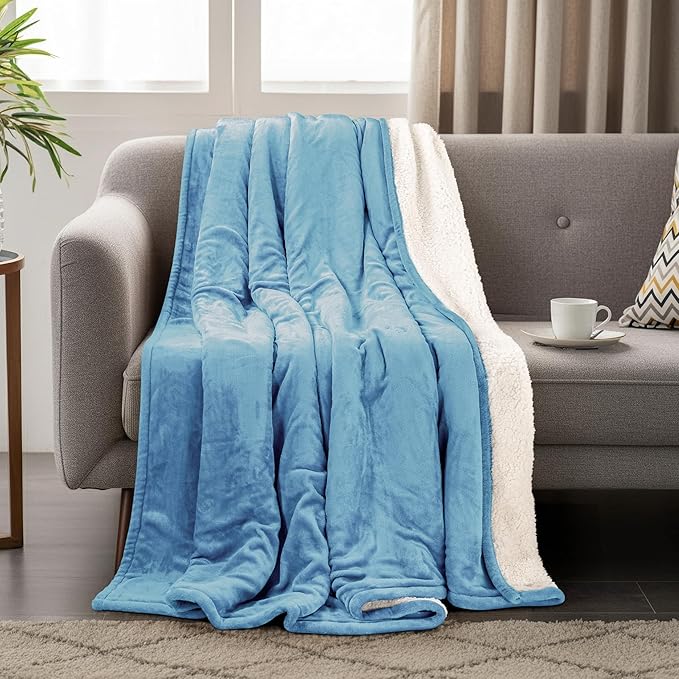 Utopia Bedding Sherpa Blanket California King Size (Washed Blue, 102x96 Inches) - Soft Lightweight Plush Fleece Reversible Blanket for Bed, Sofa, Couch, Camping and Travel
