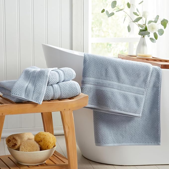 Springtree Home Blue Bath Towels Set of 6 | Popcorn Textured | 100% Combed Cotton | Absorbent Quick-Dry Towels for Bathroom | Oeko-TEX® Standard 100 Cotton | Poli Collection - Blue Fog