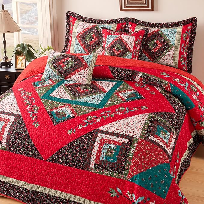 BEDIFANY Christmas California King Size Quilt Set - Cotton Bedspreads Oversized King for Bed - Lightweight Farmhouse King Quilt Bedding Sets for All Seasons, 3 Pieces