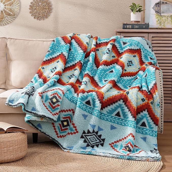 CASAAGUSTO Boho Sherpa Blanket,Teal Aztec Twin Blanket, Ultra Soft, Warm, Cozy, Plush, Thick Fleece Western Blanket for Couch, Bed, Sofa (Aqua 60 * 80 Inch)