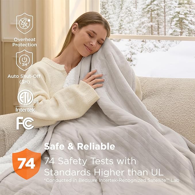 Bedsure Heated Blanket Throw Blanket - Fast Heating Electric Blanket, Soft Flannel Heated Throw with 4 Time Settings, 6 Heating Settings, Warm Gifts for Grandma (50x60 inches, Cream)