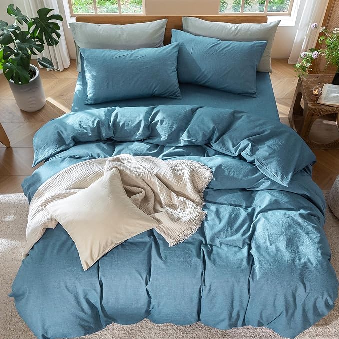 MooMee Bedding Duvet Cover Set 100% Washed Cotton Linen Like Textured Breathable Durable Soft Comfy (Heathered Peacock Blue, King 104"x90")