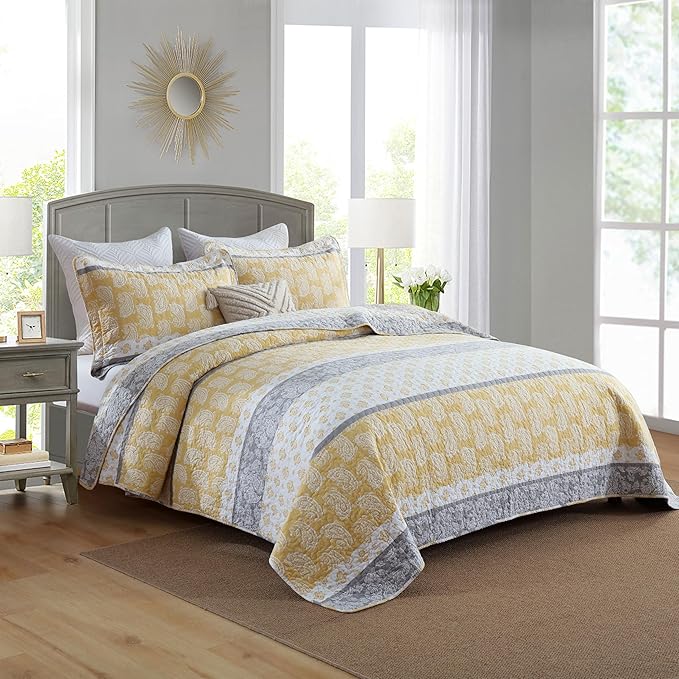 Quilt King Size, Cotton King Size Comforter Set, Yellow Grey White Bedding, Farmhouse Striped Bed Set, Lightweight Bedspread All Seasons 3 Piece