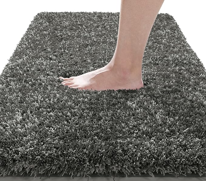 Yimobra Luxury Bathroom Rugs, Fluffy Bath Mats, Non Slip, Water Absorbent Microfiber, Machine Washable, Plush Runner Shower Rug, Thick Mat for Bathroom Floor/Tub, 70"x 24", Light Gray and Black Gray