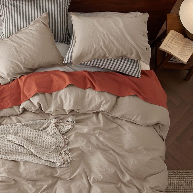 Bedsure Linen Duvet Cover Queen Size - Linen Cotton Blend Bedding Set, Soft & Cozy, 3 Pieces, 1 Duvet Cover 90x90 Inches and 2 Pillowcases, Warm Tan Color Cooling Bedding, Comforter Sold Separately