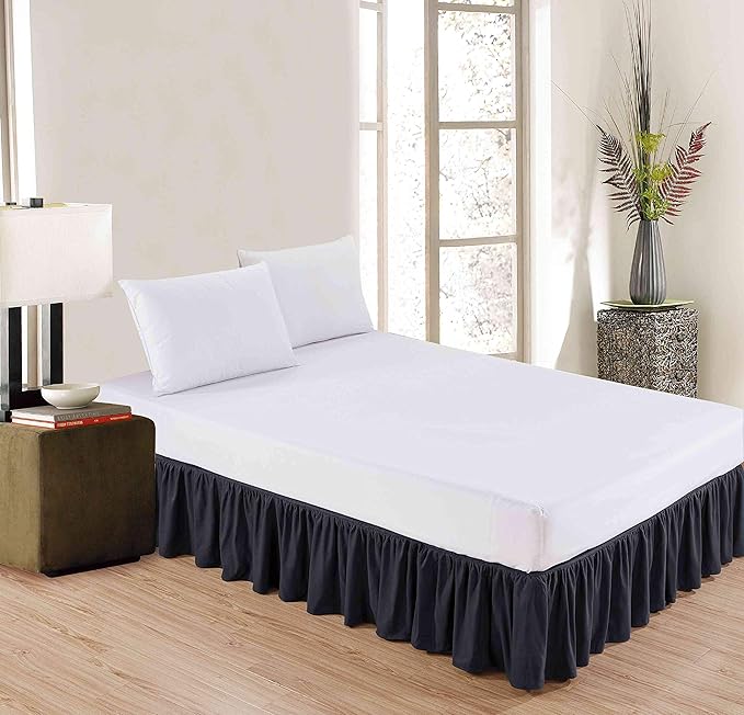 Sheets & Beyond Wrap Around Solid Microfiber Luxury Hotel Quality Fabric Bedroom Gathered Ruffled Bedding Bed Skirt 14 Inch Drop (King, Black)