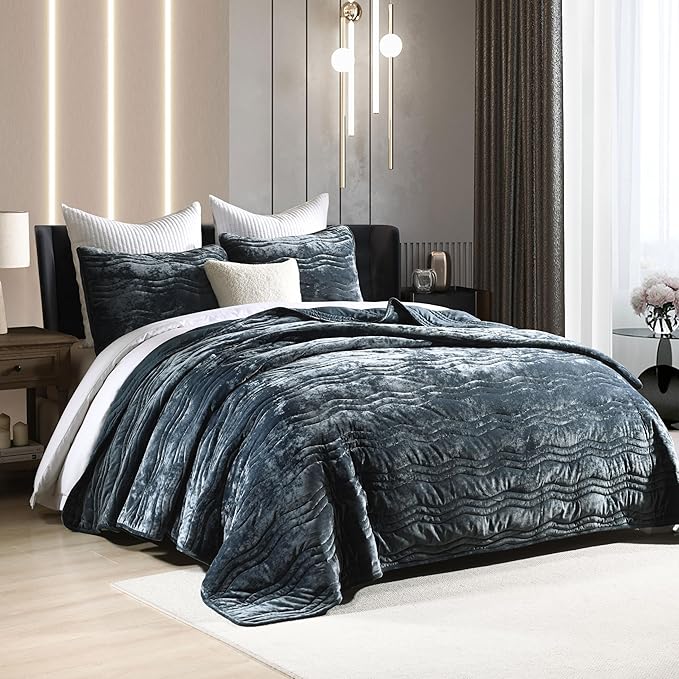 Velvet King Size Comforter Set, Luxurious King Quilt, Blue Bedding Set, Soft Plush Bedspread, Lightweight for All Season,Stormy Blue