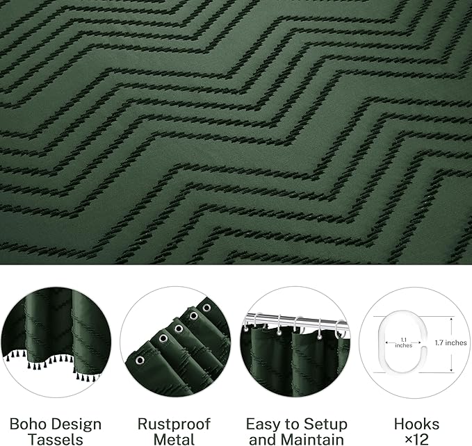 Boho Extra Long Dark Green Shower Curtain with Tassel, Woven Fabric Shower Curtain, Tufted Chevron Striped, 72 x 78, Modern Chic Textured Minimalist Bathroom Shower Curtains