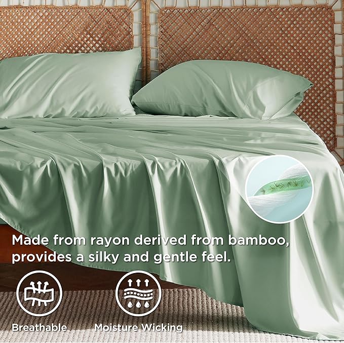 Bedsure California King Sheet Sets, Cooling Sheets, Rayon Derived from Bamboo, Breathable & Soft, Deep Pocket Up to 16 Inches, Hotel Luxury Silky Bedding for Hot Sleepers, Sage Green