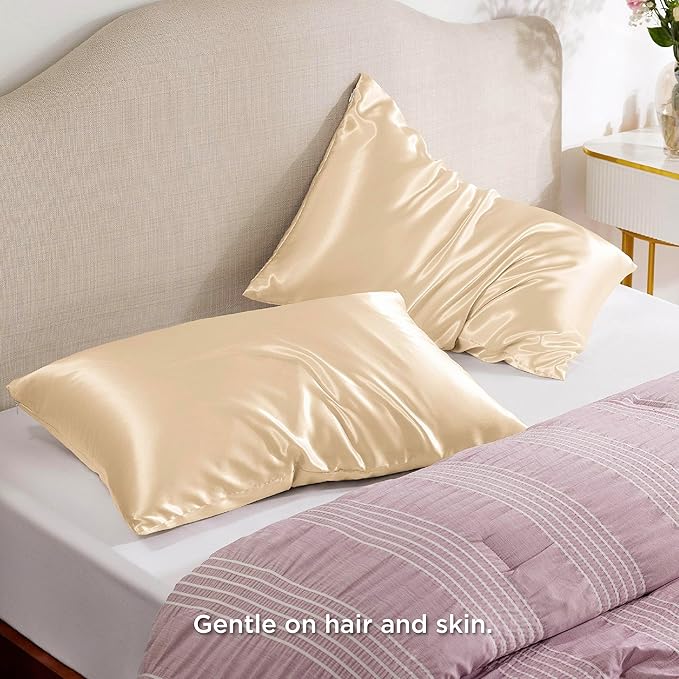 Bedsure Satin Pillowcase with Zipper, Similar to Silk Pillow Cases 2 Pack, Satin Pillow Cases Queen, Silky & Soft Bedding Pillow Covers for Hair and Skin, Gifts for Women Men, Champagne, 20x30 Inches