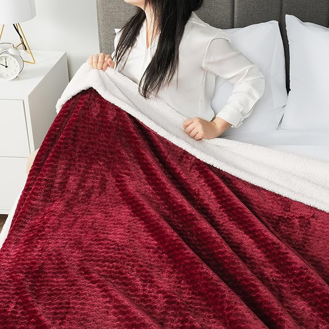 PAVILIA Maroon Red Couch Blanket Throw Reversible Sherpa Chevron, Soft Cozy Jacquard Weave Textured Blanket Sofa Bed, Thick Warm Large Fleece Car Blanket, Plush Home Decor Gift, 50x60 Burgundy Wine