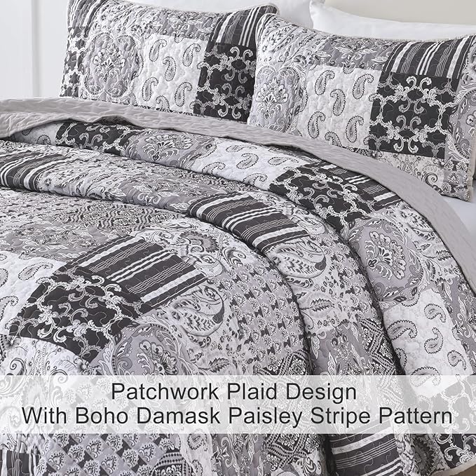 WONGS BEDDING Grey Quilt Set King Size, Patchwork Plaid Bedspread Bedding Sets Soft Microfiber Boho Quilts for King Bed 3 Pieces Coverlet Set for All Season (104"x90")