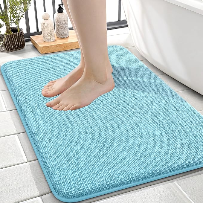 OLANLY Thick Memory Foam Bath Mat Rug 24x16, Extra Soft Absorbent Bathroom Rug, Quick Dry Bath Mats, Non-Slip, Machine Washable Carpet for Bathroom, Tub and Shower, Home Decor Accessories, Sky Blue