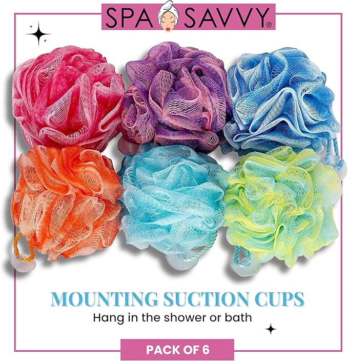 Bath Loofah Set, 6 Pack Shower Pouf Body Sponges with Suction Cups, Exfoliating Bath Accessories for Men and Women, Multicolor