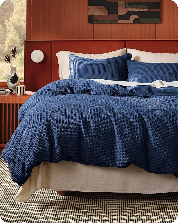 Bedsure Cotton Duvet Cover King - 100% Cotton Waffle Weave Navy Blue Duvet Cover King Size, GentleSoft™ and Breathable Bedding Set for All Season, 3 Pieces, 104"x90"