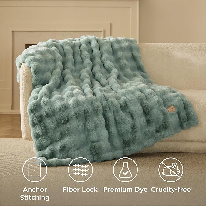 Bedsure GentleSoft Fluffy Faux Fur Blanket Twin Size, Fuzzy Soft Bubble Blanket for Couch, Faux Fur Decor for Home Living Room, Thick Furry Cozy Gifts for Women, Sage Green, 60x80 Inch