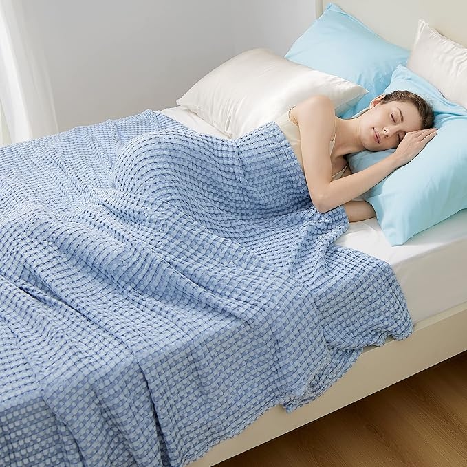 Bedsure Cooling Cotton Waffle Queen Size Blanket - Lightweight Breathable Blanket of Rayon Derived from Bamboo for Hot Sleepers, Luxury Throws for Bed, Couch and Sofa, Sky Blue, 90x90 Inches