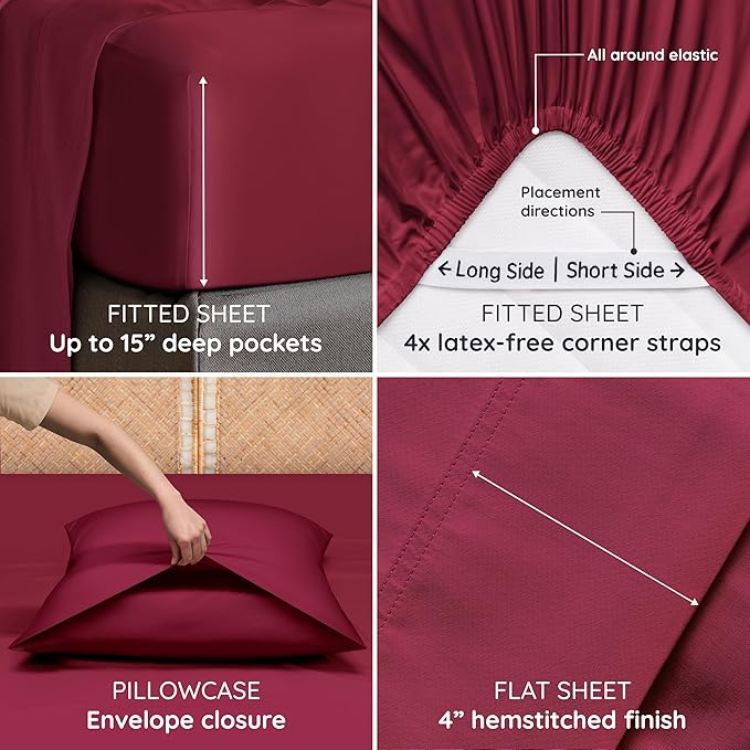 Bambaw 100% Viscose Derived from Bamboo Sheets Full Size Set – 4pcs Set of Full Size Bed Sheets Cooling and Soft, with Elastic Corner Straps, Bedding for Night Sweats (Burgundy)