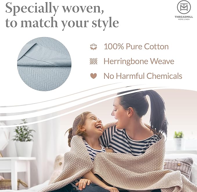 Threadmill Luxury Cotton Blankets for King Size Bed | All-Season Cozy 100% Cotton King Size Blanket | Herringbone Soft Fall Thermal Blanket fits Cal King Size Bed | Scottish Grey