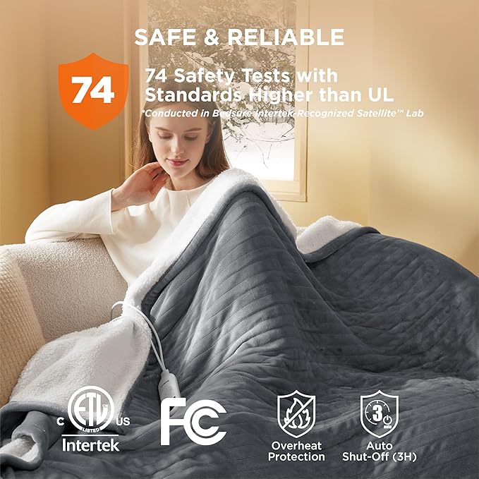 Bedsure Heated Blanket Throw Blanket - Fast Heating Electric Blanket, Soft Flannel Heated Throw with 4 Time Settings, 6 Heating Settings, Warm Gifts for Grandma & Grandpa & Seniors (50“x60”, Grey)