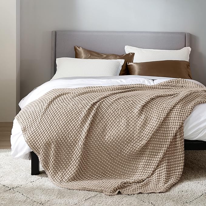 Bedsure Cooling Cotton Waffle Queen Size Blanket -Lightweight Breathable Fall Blanket of Rayon Derived from Bamboo for Hot Sleepers, Luxury Throws for Bed, Couch and Sofa, Taupe, 90x90 Inches