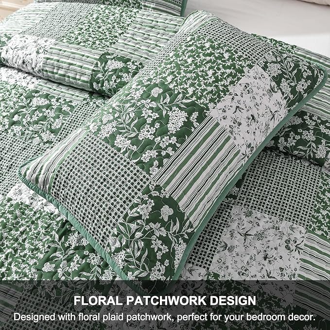 Mybedsoul Green Quilt Set Full Size, 3 Pieces Plaid Floral Bedspread Set Patchwork Reversible Bedding Set Microfiber Lightweight Bedspread Coverlet Set for All Season 78"x90"