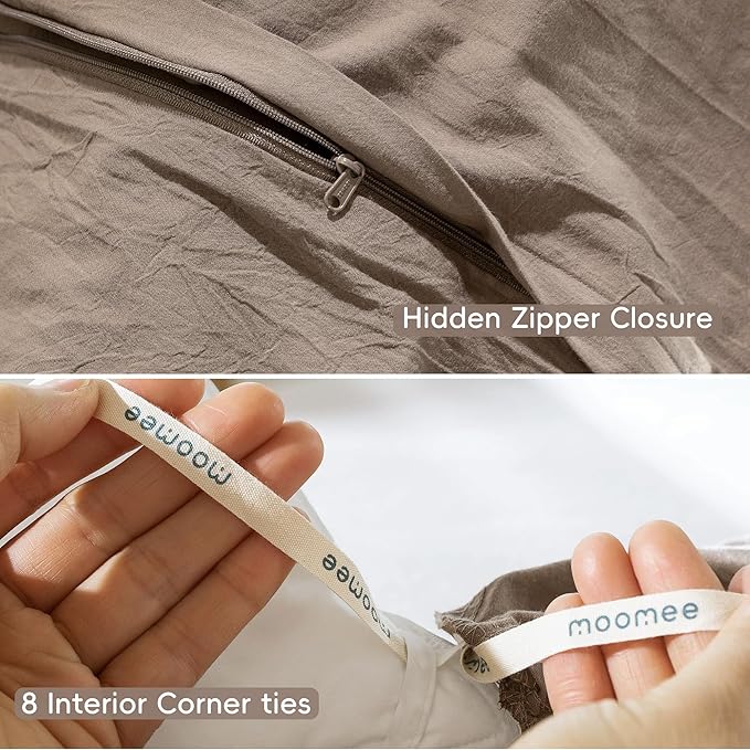 MooMee Bedding Duvet Cover Set 100% Washed Cotton Linen Like Textured Breathable Durable Soft Comfy (Solid Brown, Super King Plus 120"x120")