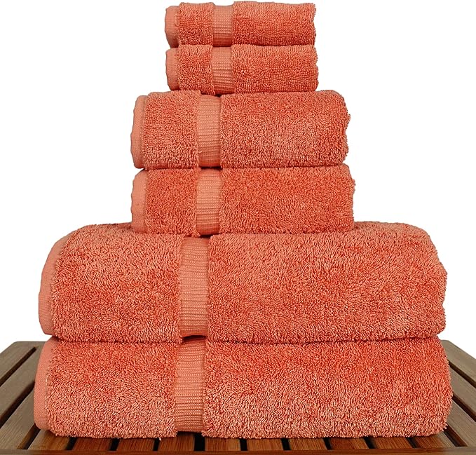 Luxury Hotel & Spa Quality Collection, Highly Absorbent & Quick Dry 100% Turkish Cotton, 750+ GSM, Eco Friendly Towel, Dobby Border Towels, 2 Bath Towel, 2 Hand Towel, 2 Washcloths (6 Piece, Coral)