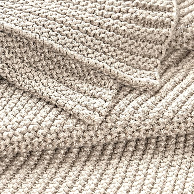 MakeMake Organics Organic Cotton Throw Blanket GOTS Certified Organic Knit Blanket Couch Bed Neutral Fall Colors Soft Cotton Throw Blanket Large (50x60, Beige)