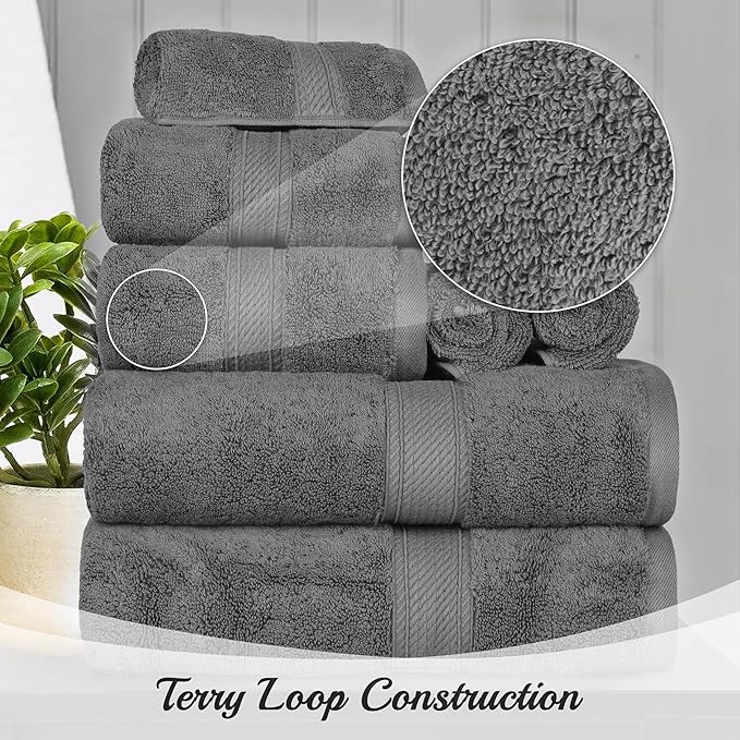 Superior Egyptian Cotton Pile 8 Piece Towel Set, Includes 2 Bath, 2 Hand, 4 Face Towels/Washcloths, Ultra Soft Luxury Towels, Thick Plush Essentials, Guest Bath, Spa, Hotel Bathroom, Charcoal