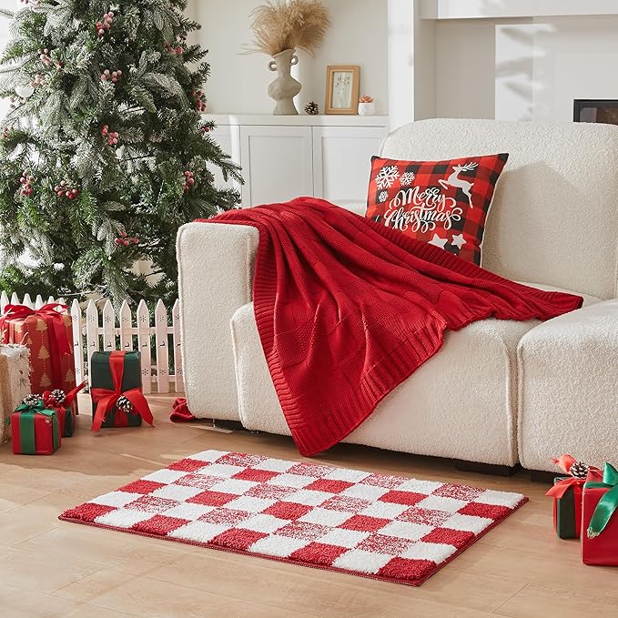 CozeCube Bath mats for Bathroom Non Slip, Fluffy Absorbent Microfiber Bath mat Washable, Aesthetic Bathroom Rugs, Cute Christmas Red Checkered Bath mat, Christmas Red, 32" x 20"