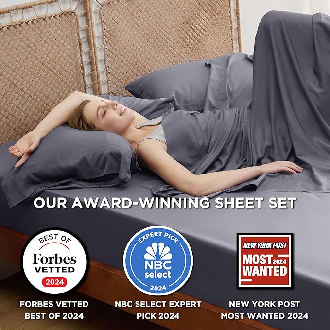 Bedsure King Size Sheets Set, Cooling Sheets for Hot Sleepers, Rayon Derived from Bamboo, Breathable & Soft, Deep Pocket Up to 16 Inches, Hotel Luxury Silky Bedding, Dark Grey