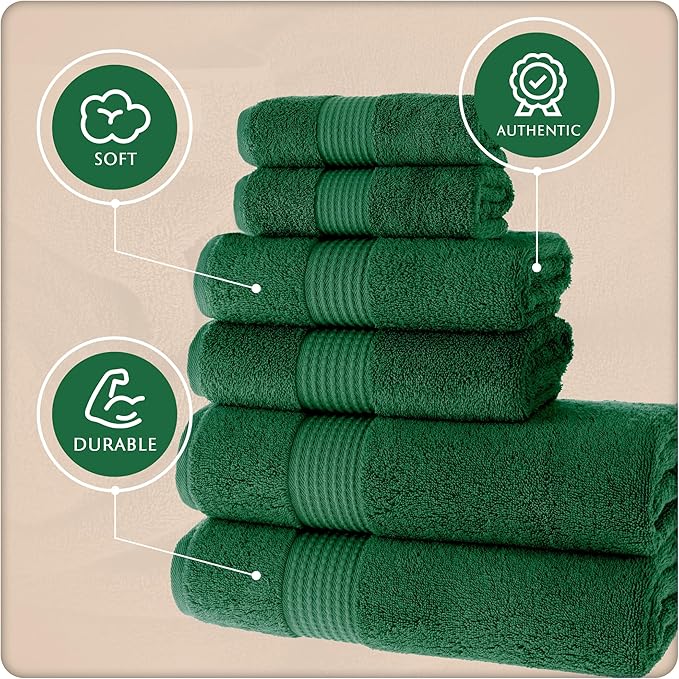 MAURA Basics Bath Towel Sets for Bathroom with Hanging Hook Loops. 2 Bath Towels, 2 Hand Towels, 2 Washcloths, Soft, Durable, Long Lasting and Absorbent Towels Set, Hunter Green