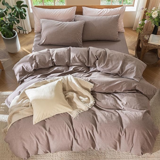 MooMee Bedding Duvet Cover Set 100% Washed Cotton Linen Like Textured Breathable Durable Soft Comfy (Heathered Mauve Brown, Super Queen 90"x98")
