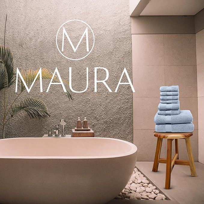 MAURA Light Blue Bath Towel Set of 8 for Bathroom. Turkish Cotton Luxury Bath Towels. Extra Large, Thick, Plush & Soft. Hotel & Spa Quality - Serenity Blue