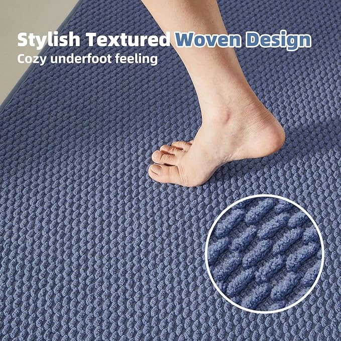 Bathroom Runner Rugs, Long Bath Mat Runner Washable Thin Quick Dry Low Pile Bathroom Runner Rugs Non Slip, Denim Blue 16"x60"